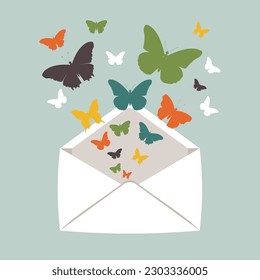  Vector silhouettes of butterflies in an envelope.Explosion of vector butterflies.Lots of butterflies. Vector illustration.