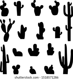 Vector silhouettes of cacti isolated on a white background. Black cactus icons of different shapes
