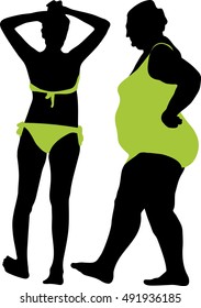 Vector silhouettes of cartoon character of fat woman and lean girl, fat woman dieting fitness. Fat woman standing stands next to her thinner clone cartoon vector flat illustration. 