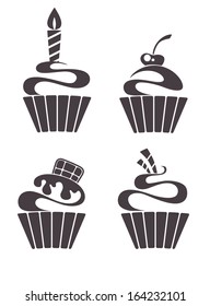 vector silhouettes of cartoon cupcakes, images, symbols and emblems