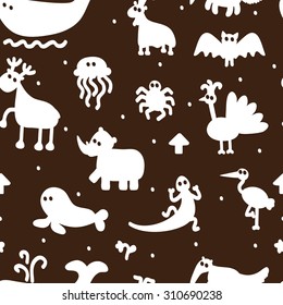 Vector Silhouettes of cartoon funny animals. Seamless Pattern of different animals.