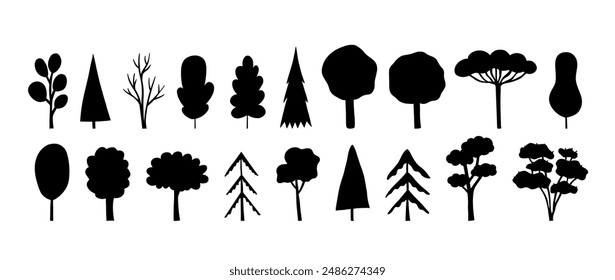 Vector silhouettes of cartoon trees in black color. Cute hand drawn set