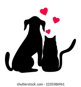 Siluetas vectoriales de gato y perro sentados junto con el símbolo de amor rojo sobre fondo blanco. Ideal para logotipos para tiendas de mascotas, amantes de los animales y amigos.