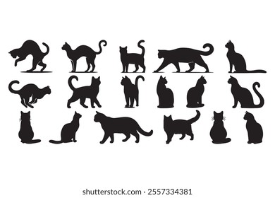 Vector Silhouettes of Cats: Feline Line Art and Cute Kitten Icons for Stickers and Design