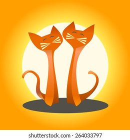 vector silhouettes of cats in love on an orange background
