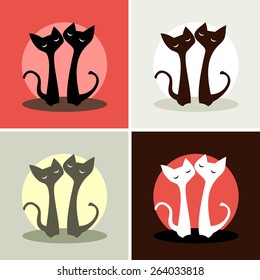 Vector silhouettes of cats in love on a different background
