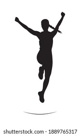 Vector Silhouettes Of Cheerful Young Female Runner Jumping To The Finish Line