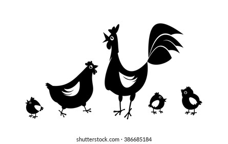 Vector silhouettes of chickens - hens, roosters and baby chicks. 