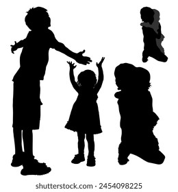 Vector silhouettes of children. A 7 year old boy and a little girl and their hands are raised up. Brother and sister nearby.