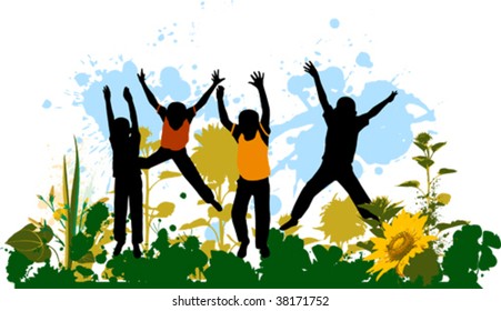 Vector silhouettes of children with flowers. All elements and textures are individual objects. Vector illustration scale to any size.