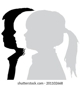Vector silhouettes children in profile on white background.