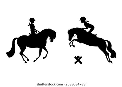 Vector silhouettes with children riding ponies