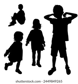 Vector silhouettes of children. Silhouette of a running little girl, an awakened boy. The child sits with his hands clasped around his knees.