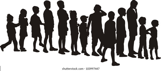 Vector Silhouettes Children, Standing In A Row