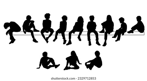 Vector silhouettes of a children and a teenagers sitting on a bench, a group of young people, black color on a white background