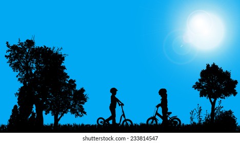 Vector silhouettes of children who play in the garden.