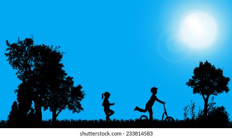 Vector silhouettes of children who play in the garden.