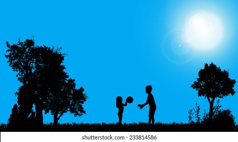 Vector silhouettes of children who play in the garden.