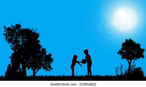 Vector silhouettes of children who play in the garden.
