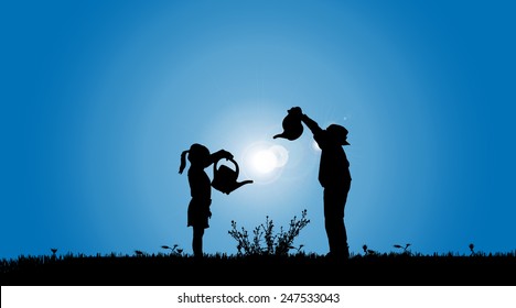 Vector silhouettes of children working in the garden.