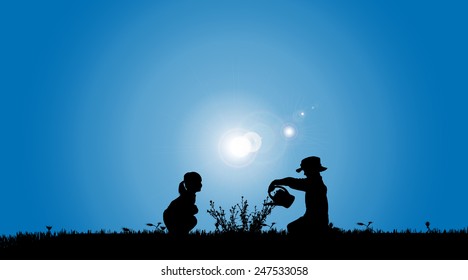 Vector silhouettes of children working in the garden.