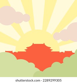 Vector silhouettes of China Beijing pagoda on the background of the flat sun in retro style