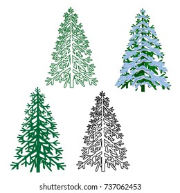 Vector silhouettes of Christmas tree,  spruce of different types and colors, green and black, branch with snow, design element, isolated on white background