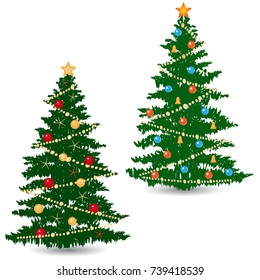 Vector silhouettes of Christmas tree, spruce of different types and colors, Christmas balls and garlands, isolated on white background