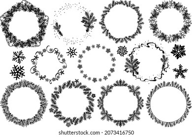 Vector silhouettes of Christmas wreaths. Round frames. Sublimation of fir branches, snowflakes and tinsel. Christmas decorations for postcards and invitations. Black silhouettes, ornaments in a circle