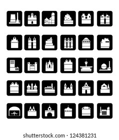 Vector silhouettes of city buildings in the form of buttons