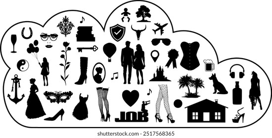 Vektor Silhouetten in einer Wolke - Wünsche und Träume - Mystery und Fetisch - Ziele und Belohnungen - Gesellschaft