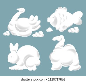 Siluetas vectoriales de peces de nubes, animales y aves