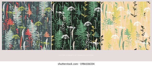 Vektor-Silhouetten-Sammlung von Feldblumen und Blättern. Element eines nahtlosen Musters. Papierdruckdesign