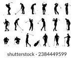 Vector silhouettes of collection of male golf players, equipment for design in trendy flat style isolated on white background. Symbols for designing your website, logo, app, publications.