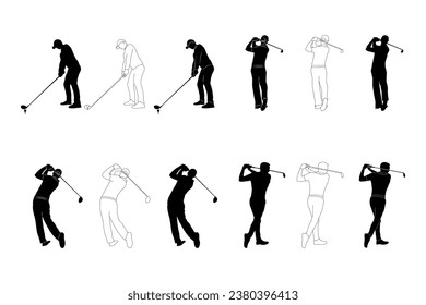 Vector silhouettes of collection of male golf players, equipment for design in trendy flat style isolated on white background. Symbols for designing your website, logo, app, publications.