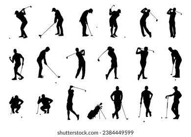 Vector silhouettes of collection of male golf players, equipment for design in trendy flat style isolated on white background. Symbols for designing your website, logo, app, publications.