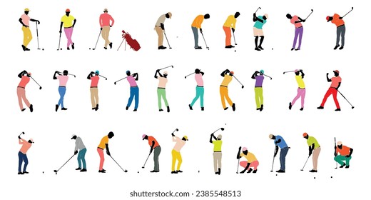 Vector silhouettes of collection of male golf players, equipment for design in trendy flat style isolated on white background. Symbols for designing your website, logo, app, publications.