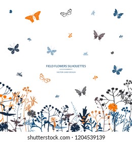 Vector silhouettes collection. Mix of wildflowers pattern. Set of field flowers, herbs and butterflies. Card design. Label design.
