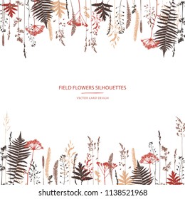 Vector silhouettes collection. Set of field flowers, herbs. Card design.