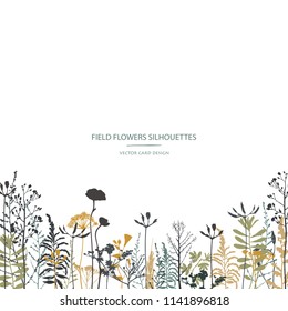 Vector silhouettes collection. Set of field flowers, herbs. Card design.