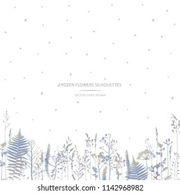 Vector silhouettes collection. Set of field flowers, herbs. Card design. Frozen effect.