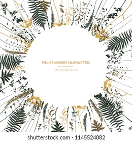 Vector silhouettes collection. Set of field flowers, herbs. Card design.