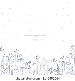 Vector silhouettes collection. Set of field flowers, herbs. Card design. Frozen effect.