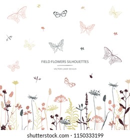 Vector silhouettes collection. Set of field flowers, herbs and butterflies. Card design. Label design.