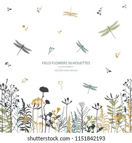 Vector silhouettes collection. Set of field flowers, herbs and dragonflies. Card design. Label design.