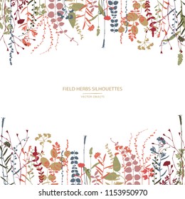 Vector silhouettes collection. Set of field herbs, flowers. Card design.