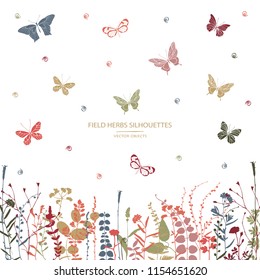 Vector silhouettes collection. Set of field flowers, herbs and butterflies. Card design. Label design.