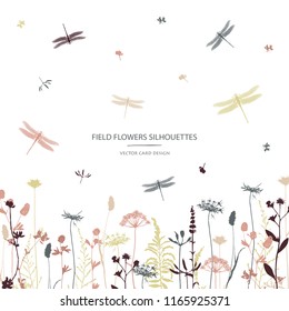 Vector silhouettes collection. Set of field flowers, herbs and dragonflies. Card design. Label design.
