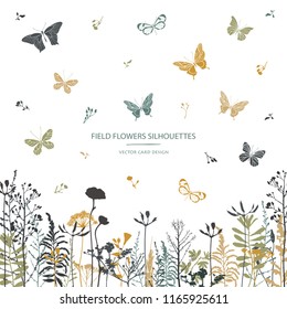 Vector silhouettes collection. Set of field flowers, herbs and butterflies. Card design. Label design.