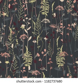 Vector silhouettes collection. Set of field flowers, herbs. Element of seamless pattern. Paper design. Print element.